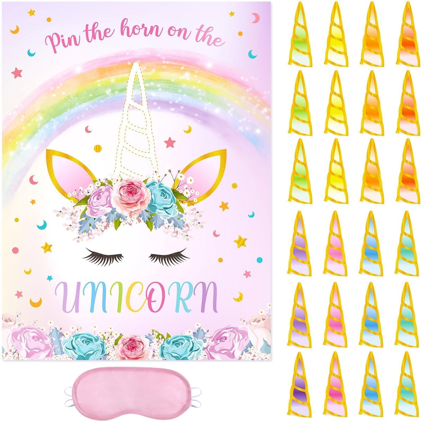 WERNNSAI Pin The Horn on The Unicorn - Unicorn Birthday Poster & Party Game