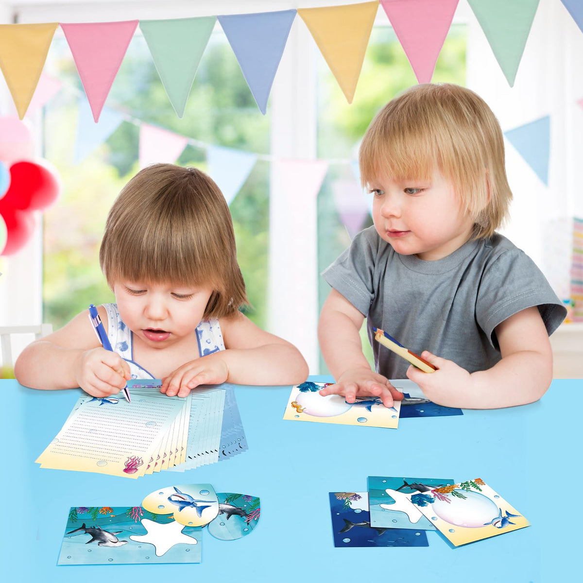 WERNNSAI 69 PCS Shark Kids Stationery Set – Letters, Envelopes, Greeting Cards & Pen