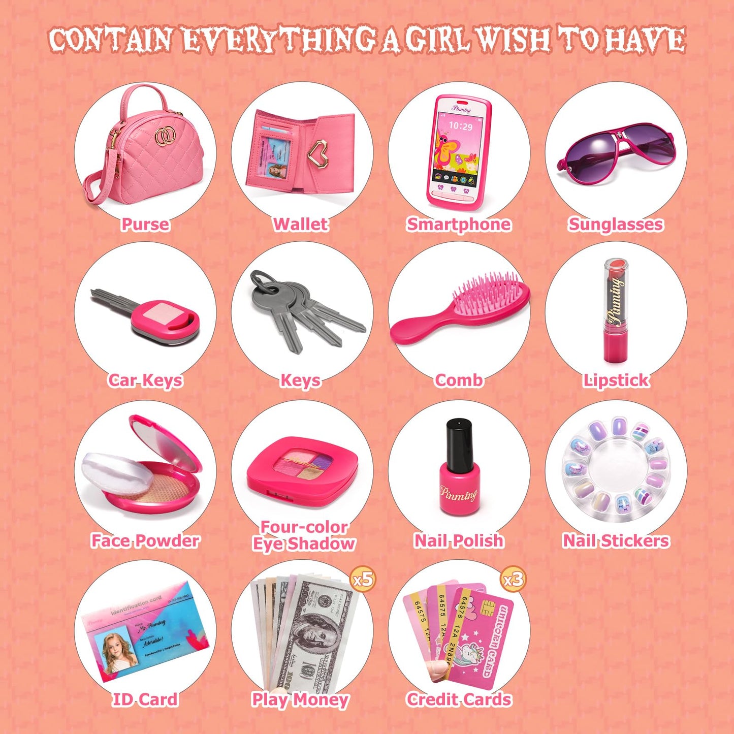 WESAYEE Little Girls Purse – Pretend Play Makeup Kit for Toddlers 3-6 | Pink Princess Accessories