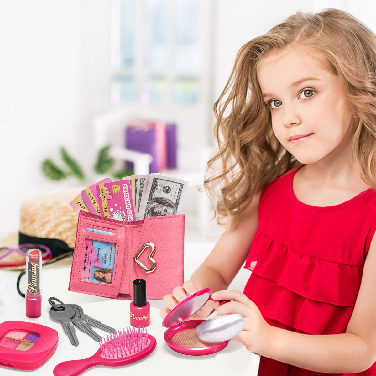 WESAYEE Little Girls Purse – Pretend Play Makeup Kit for Toddlers 3-6 | Pink Princess Accessories