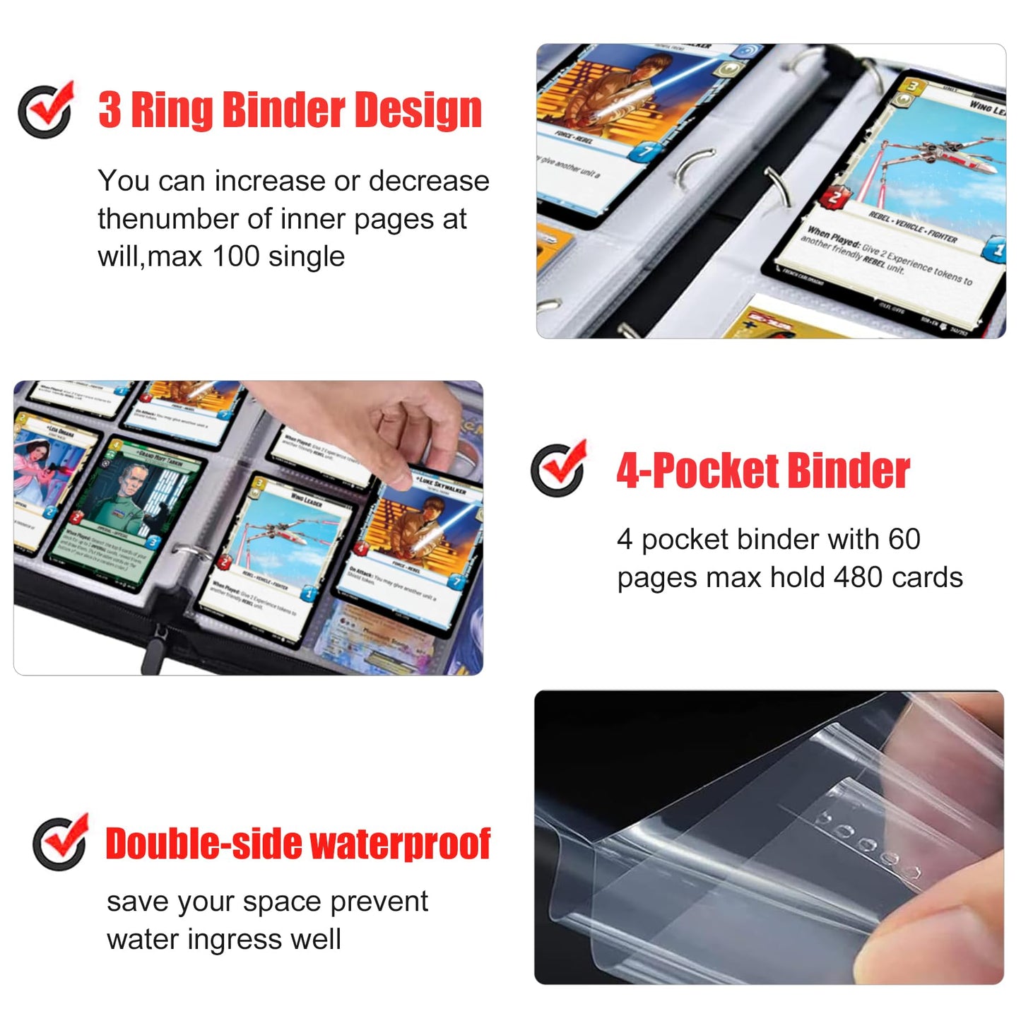 WEST TUNE Card Binder 4-Pocket with 60 Removable Sheets – Waterproof Trading Card Organizer (Up to 480 Cards)