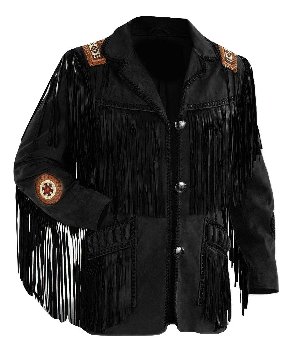 Men's Western coat cowboy suede leather jacket with Fringes Black
