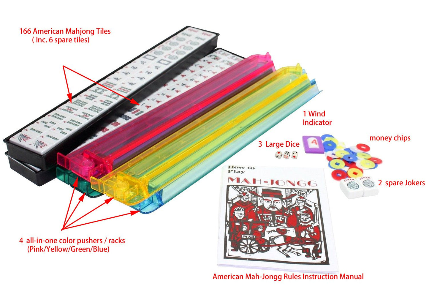 Westinghouse 166-Tile American Mahjong Set with Red Phoenix Soft Bag – 4-Color Pushers, Travel Case