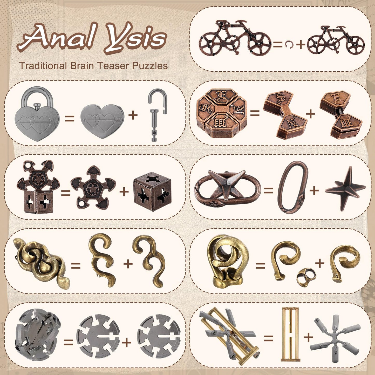 Wettarn 9-Pcs Metal Brain Teaser Puzzles for Adults - Interlocking 3D Steel Puzzle, Fresh Style