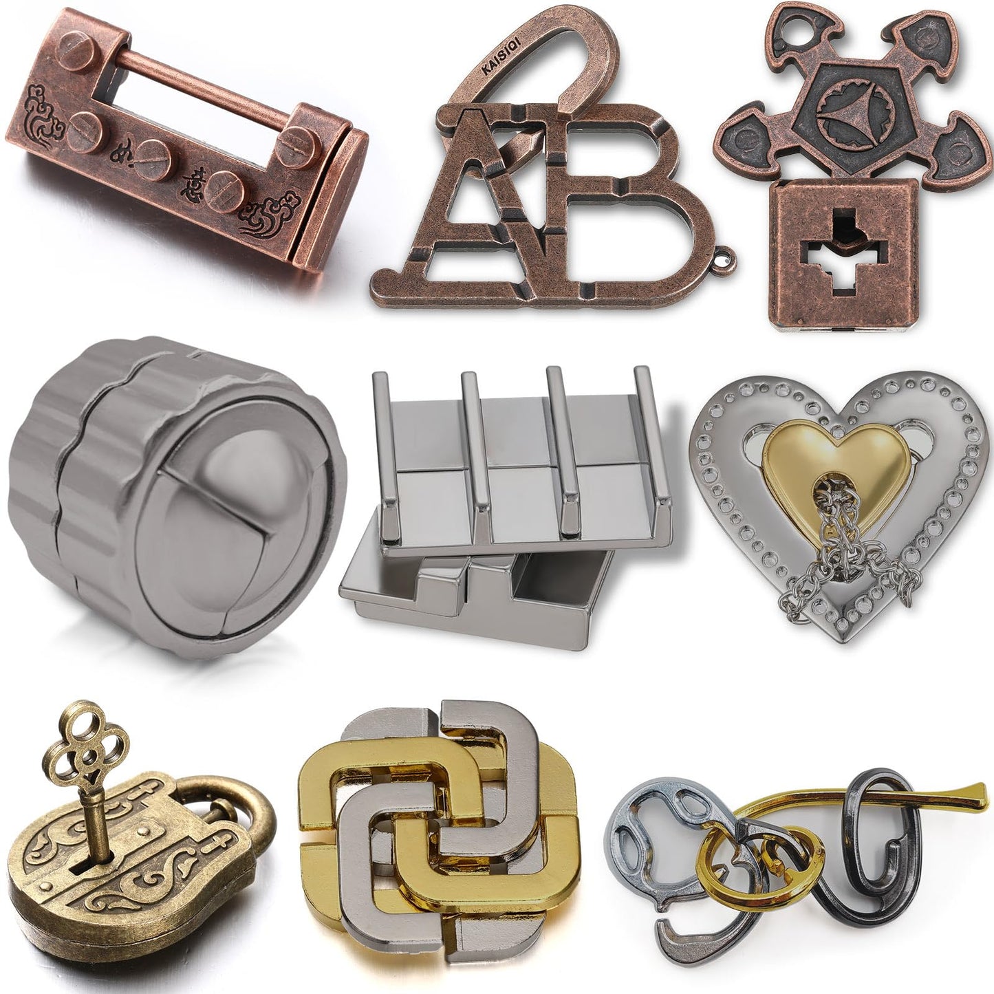 Wettarn 9 Pcs Metal Brain Teasers – 3D Steel Puzzles for Adults | Interlocking IQ Games