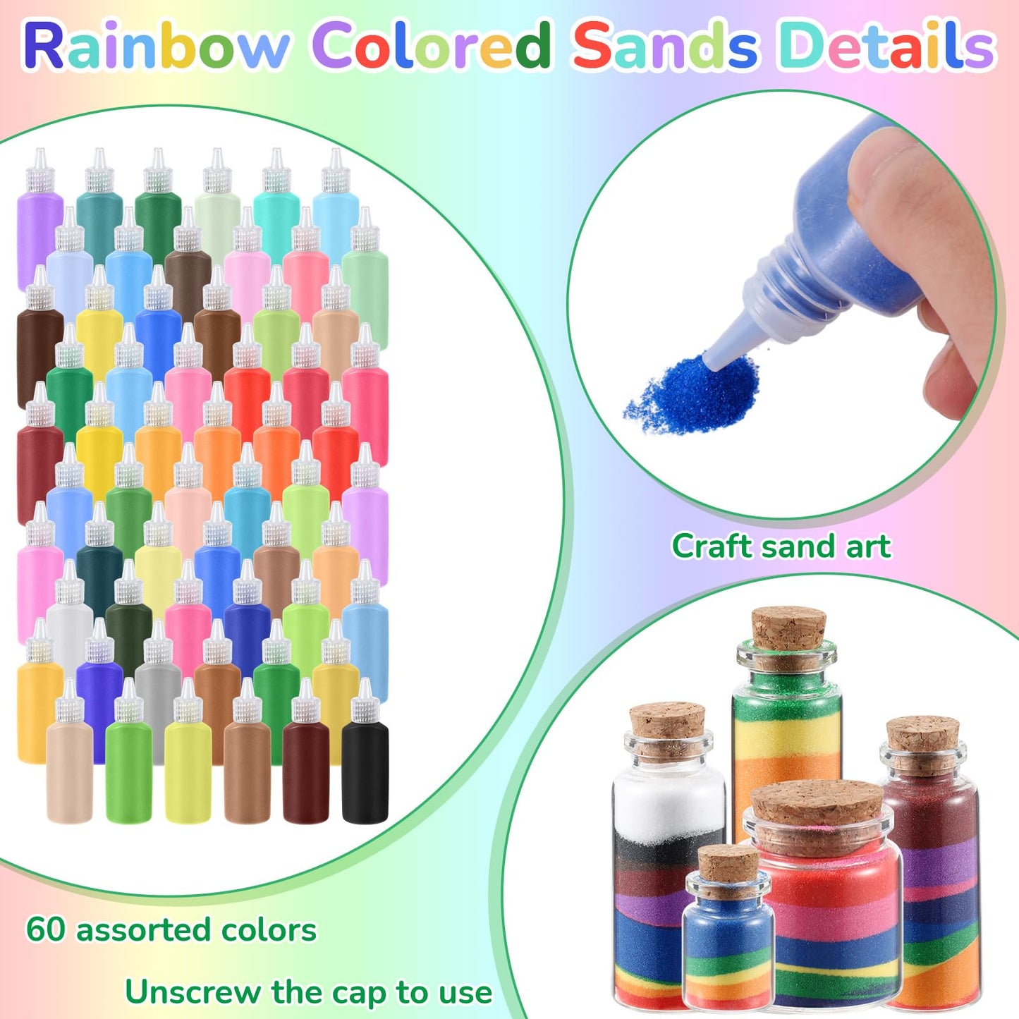 Wettarn 60 Pcs Colored Art Sand Kit – Non-Toxic DIY Sand Art for Kids & Adults