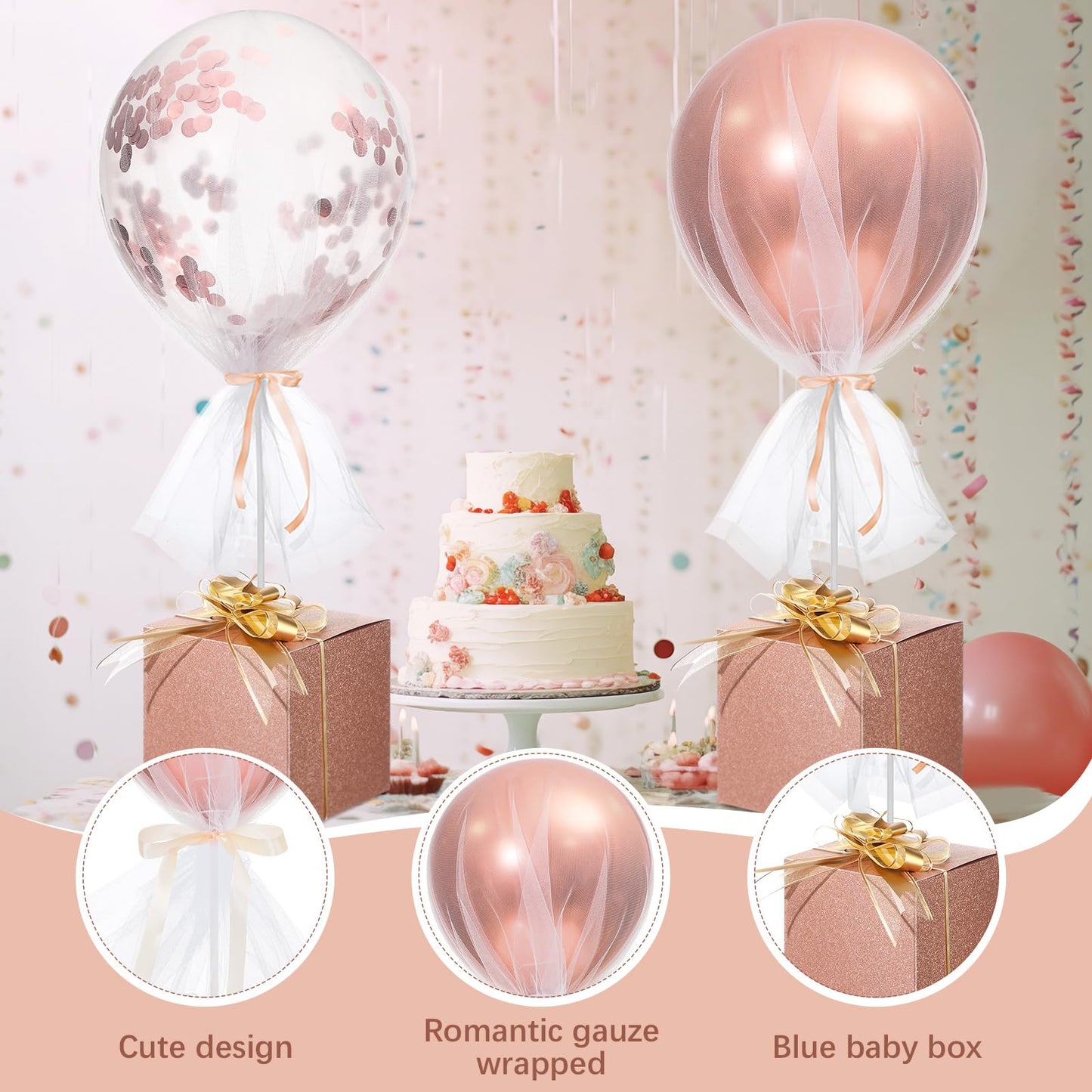 Wettarn 4-Piece Rose Gold Confetti Tulle Tutu Balloon Centerpieces for Baby Shower & Party Decor
