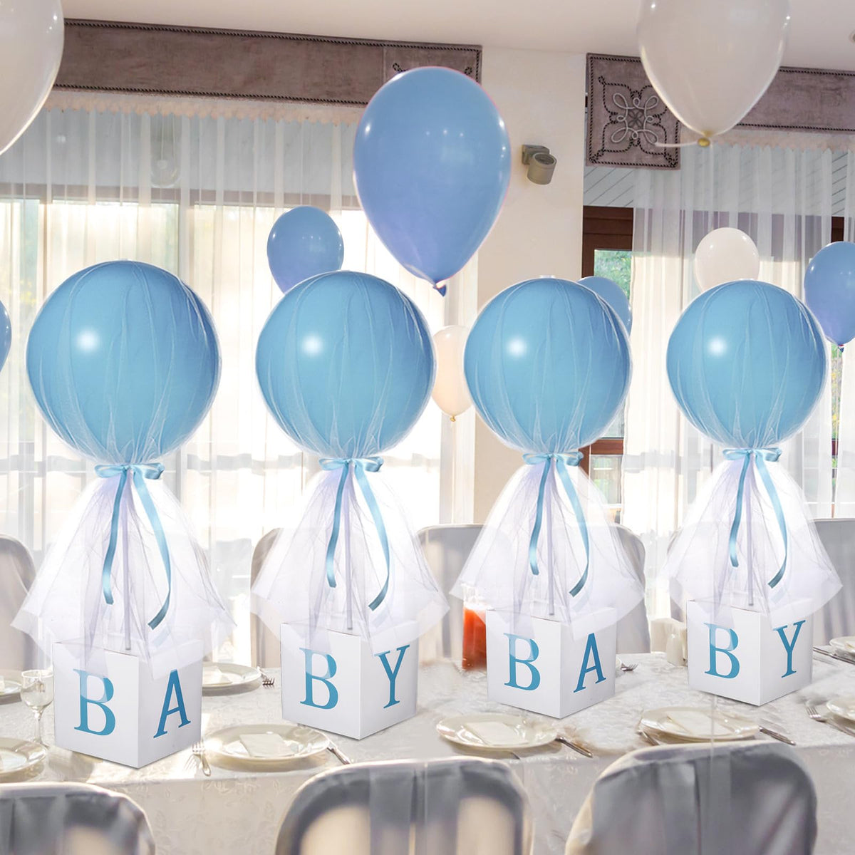 Wettarn 4-Piece Blue Boy Baby Shower Centerpieces – 24-Inch Tulle Balloons with Letter Boxes & Stands