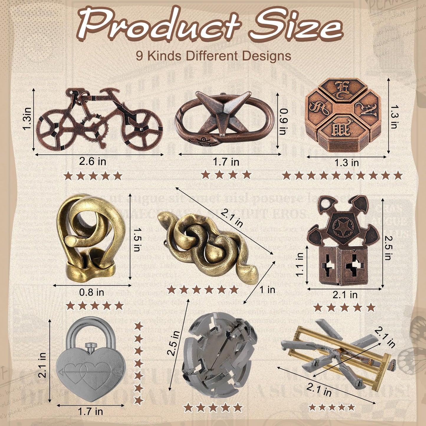 Wettarn 9-Pcs Metal Brain Teaser Puzzles for Adults - Interlocking 3D Steel Puzzle, Fresh Style