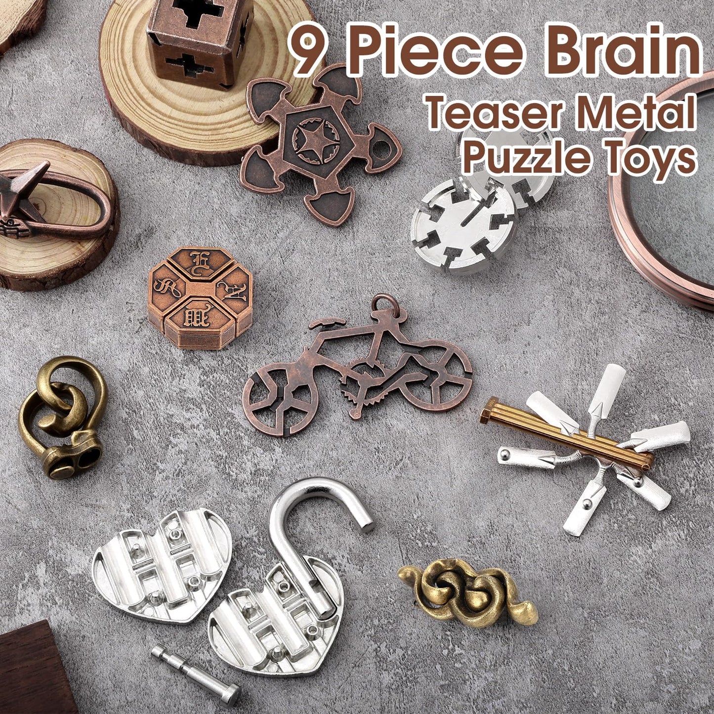 Wettarn 9-Pcs Metal Brain Teaser Puzzles for Adults - Interlocking 3D Steel Puzzle, Fresh Style