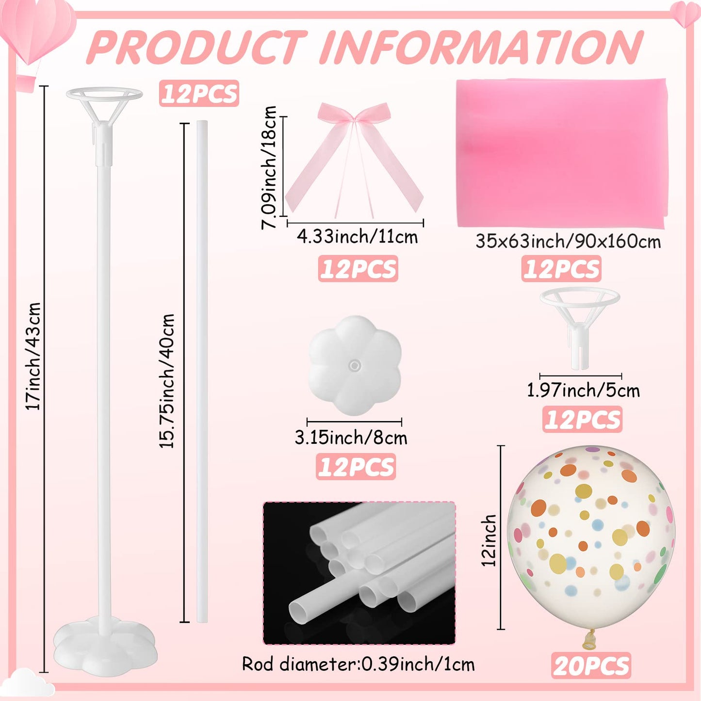 Wettarn 12 Set Tutu Tulle Balloons Centerpieces – Pink Polka Dot Baby Shower Kit