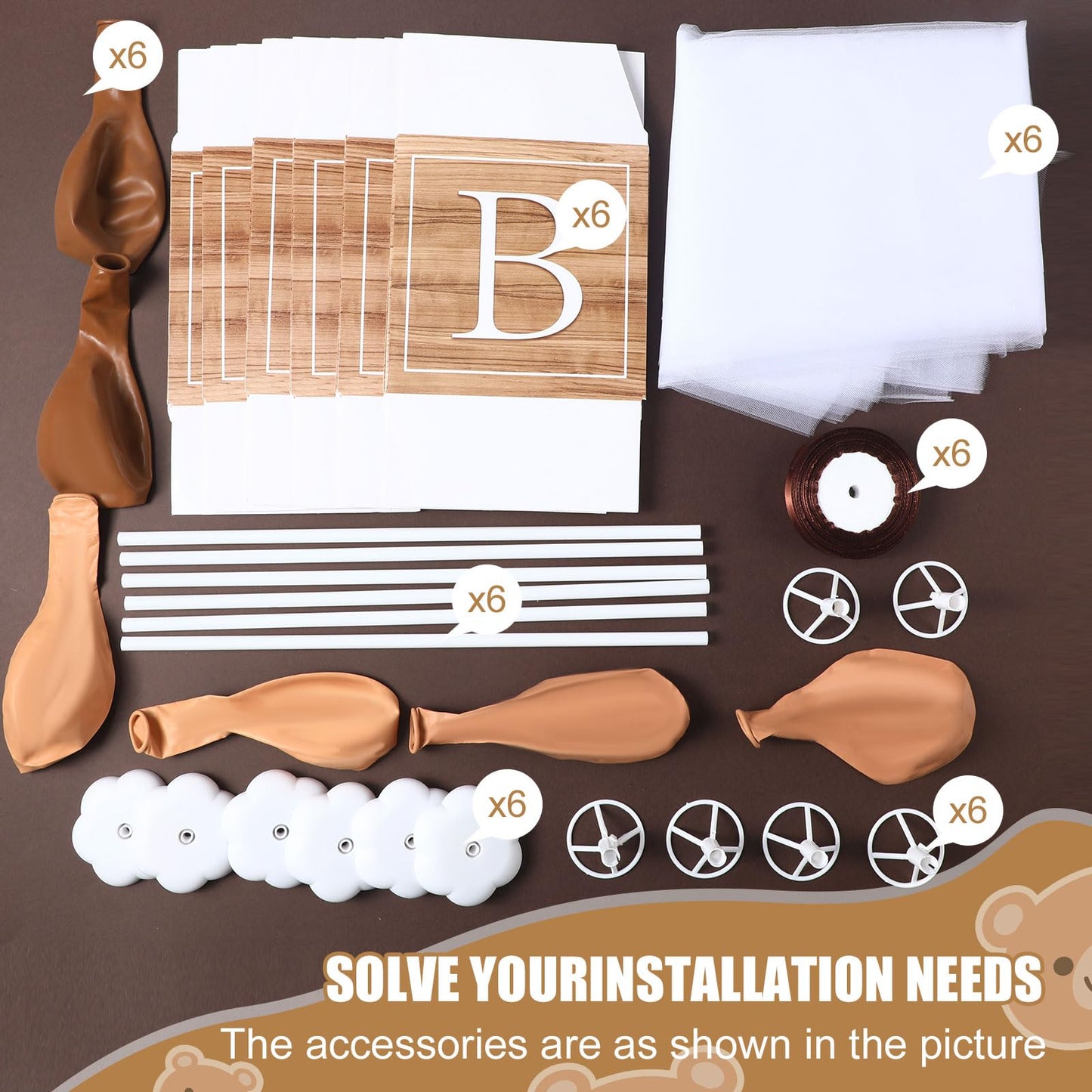 Wettarn 6-Set Brown Bear Tulle Centerpieces – 24" Balloons, White Tulle, Stands & Boxes