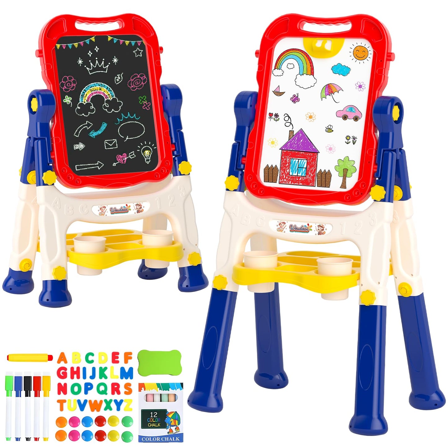Weudear Easel for Kids – Double-Sided Magnetic Learning Easel with Letters & Chalk Pens