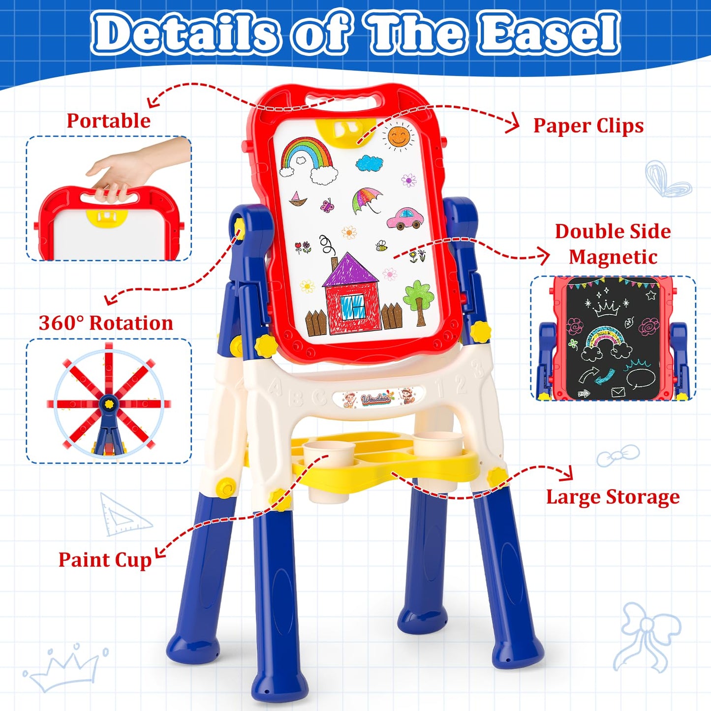 Weudear Easel for Kids – Double-Sided Magnetic Learning Easel with Letters & Chalk Pens