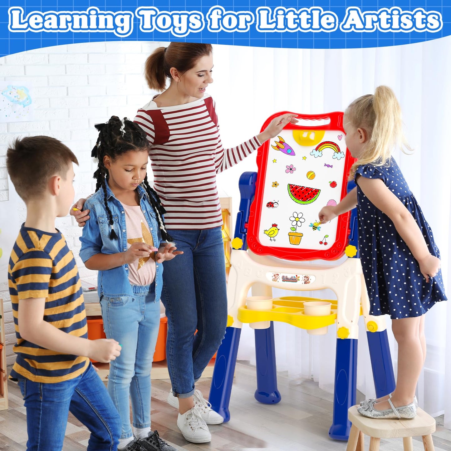 Weudear Easel for Kids – Double-Sided Magnetic Learning Easel with Letters & Chalk Pens