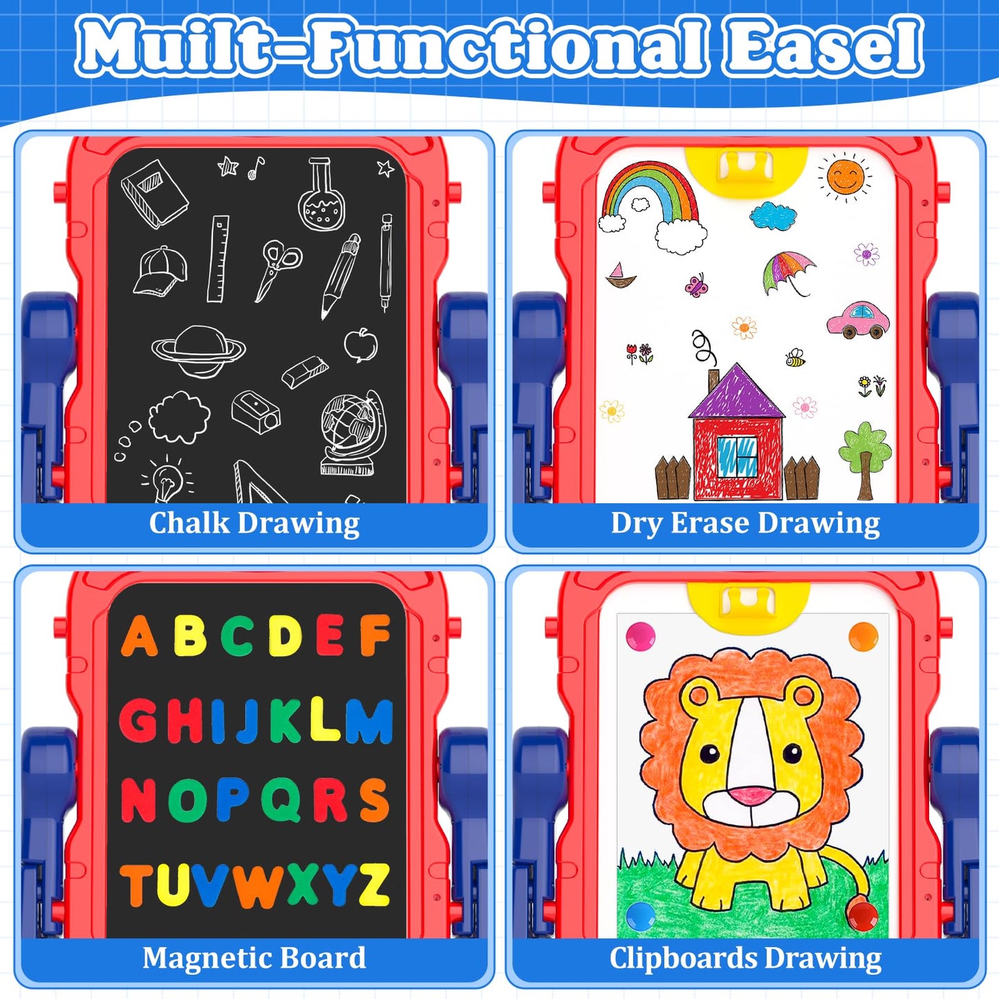 Weudear Easel for Kids – Double-Sided Magnetic Learning Easel with Letters & Chalk Pens