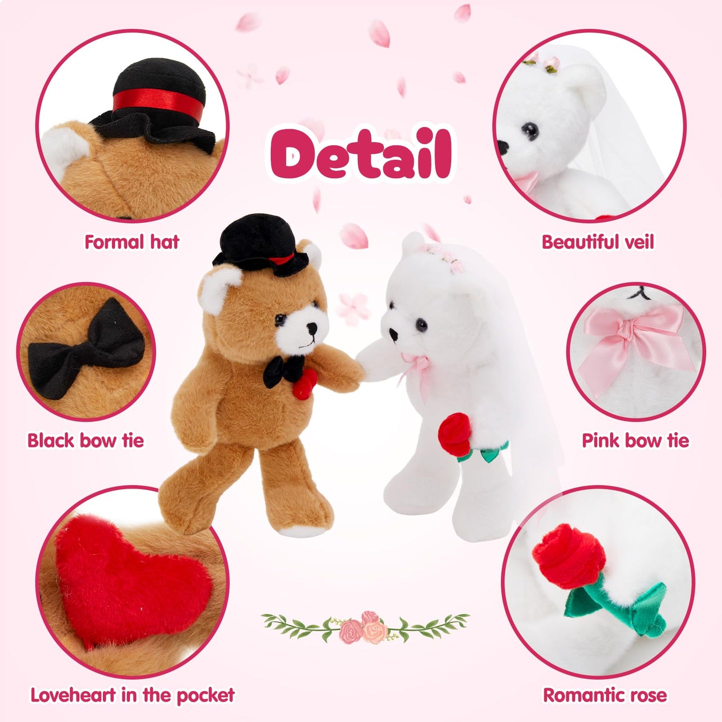 WEWILL 2-Piece 10-Inch Wedding Teddy Bears – Bride & Groom Plush Dolls