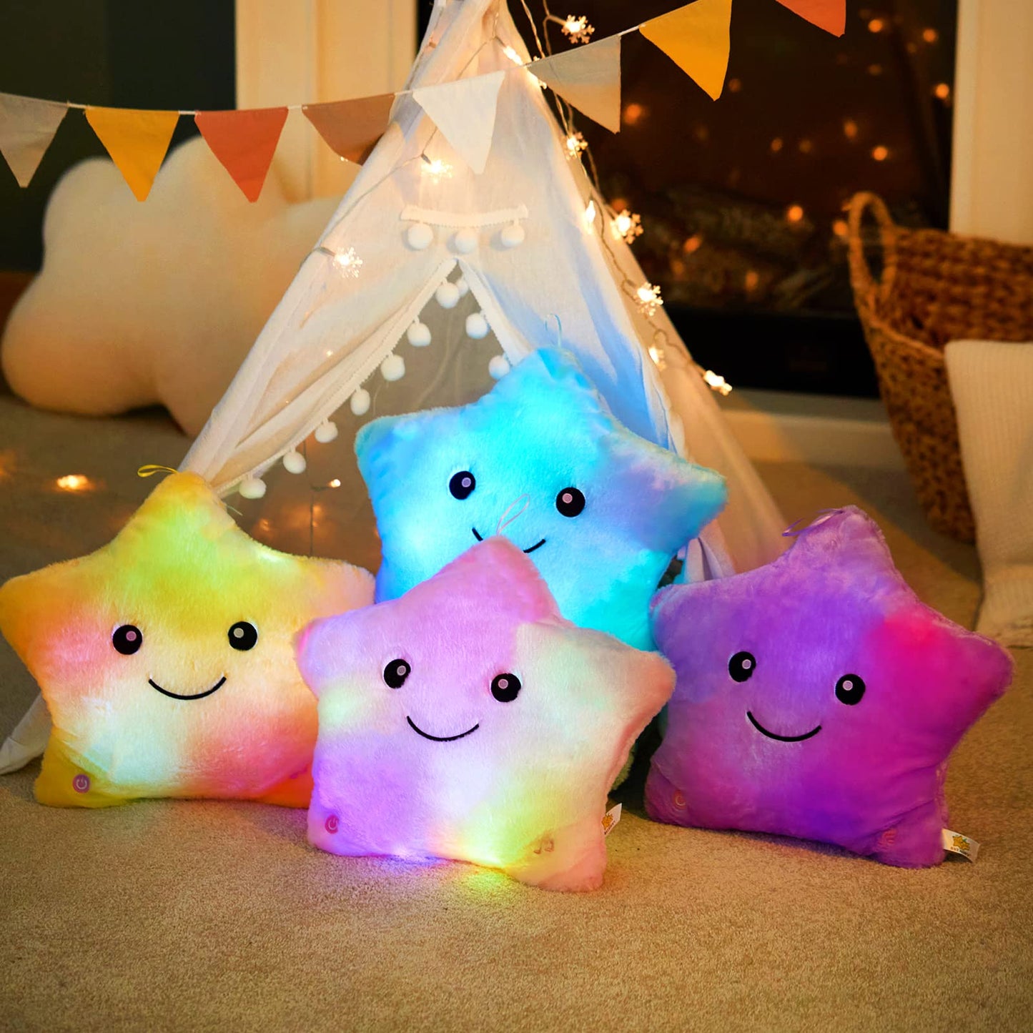WEWILL 13'' Twinkle Star Glowing LED Night Light Plush Pillow – Safe Color-Changing Toy for Toddlers