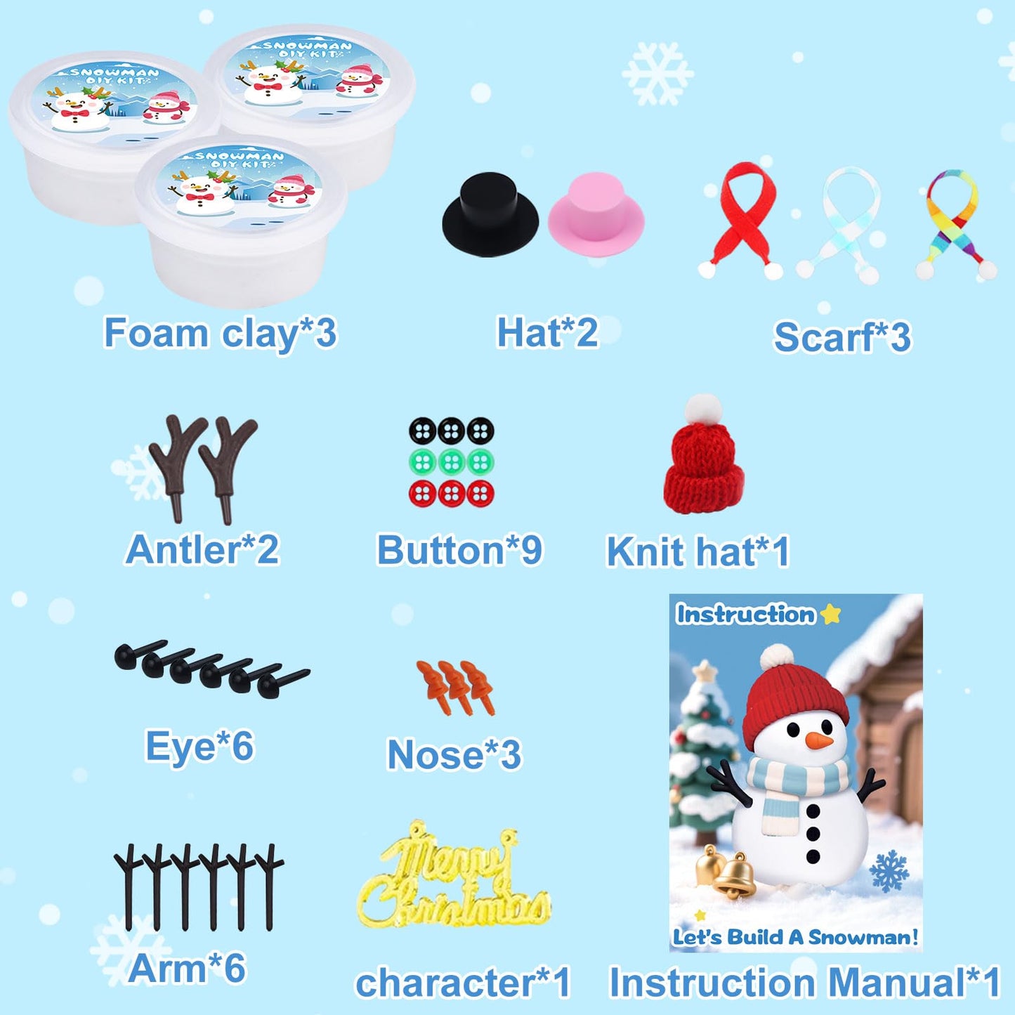 Wewwewa Snowman Kit - 3-Piece Build-A-Snowman DIY Clay Kit for Kids