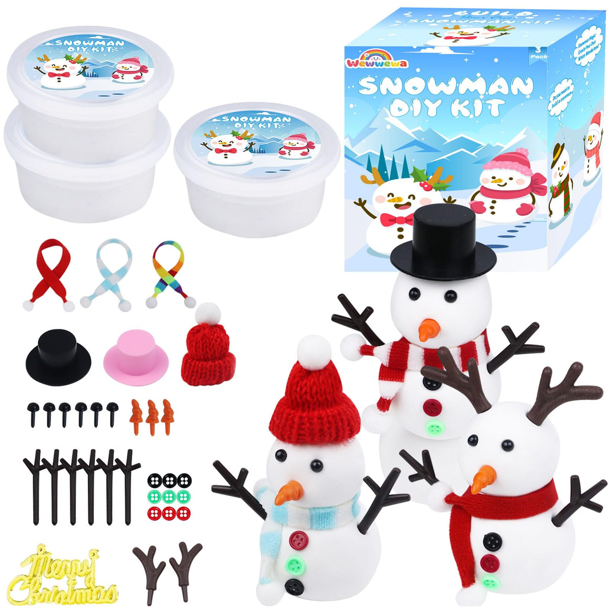 Wewwewa Snowman Kit - 3-Piece Build-A-Snowman DIY Clay Kit for Kids