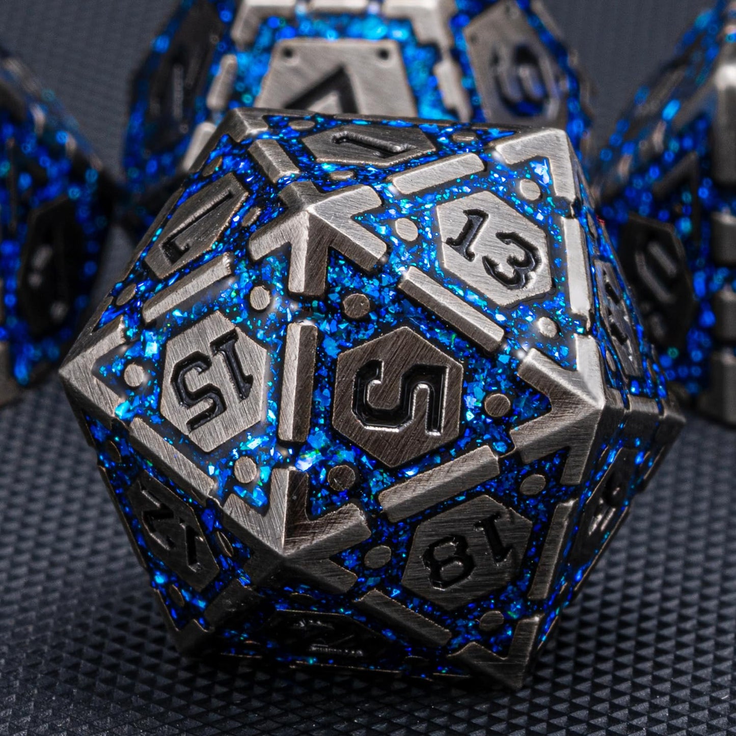 Weyano DND Metal Dice Set – Antique Nickel Blue, 7-Piece Polyhedral Dice with Gift Case