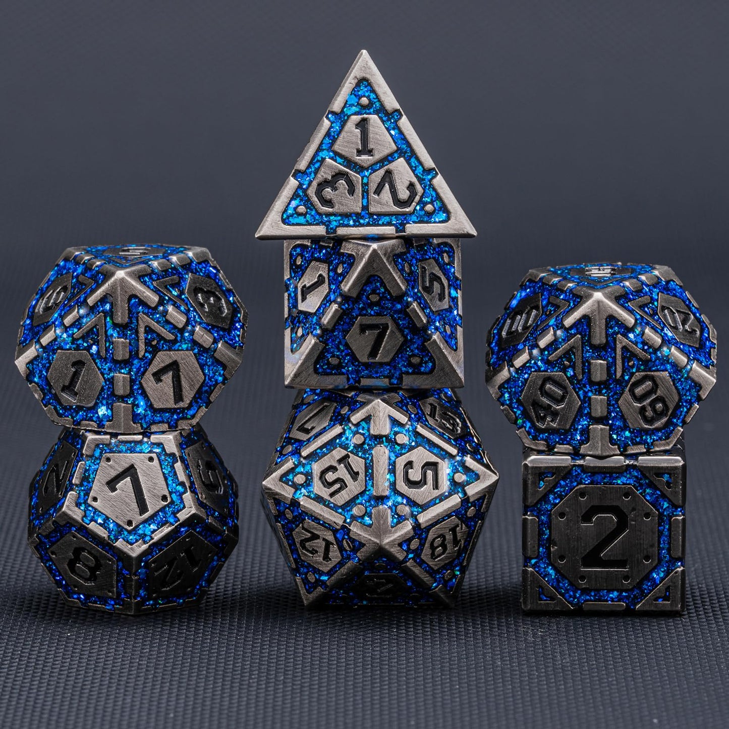 Weyano DND Metal Dice Set – Antique Nickel Blue, 7-Piece Polyhedral Dice with Gift Case