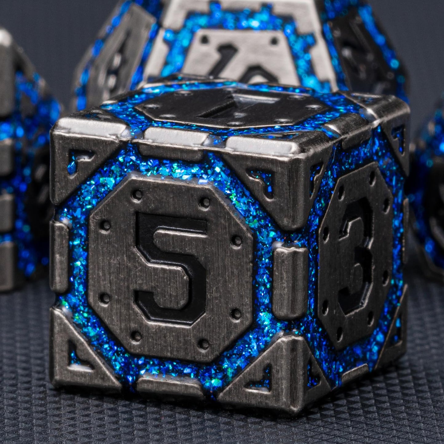 Weyano DND Metal Dice Set – Antique Nickel Blue, 7-Piece Polyhedral Dice with Gift Case