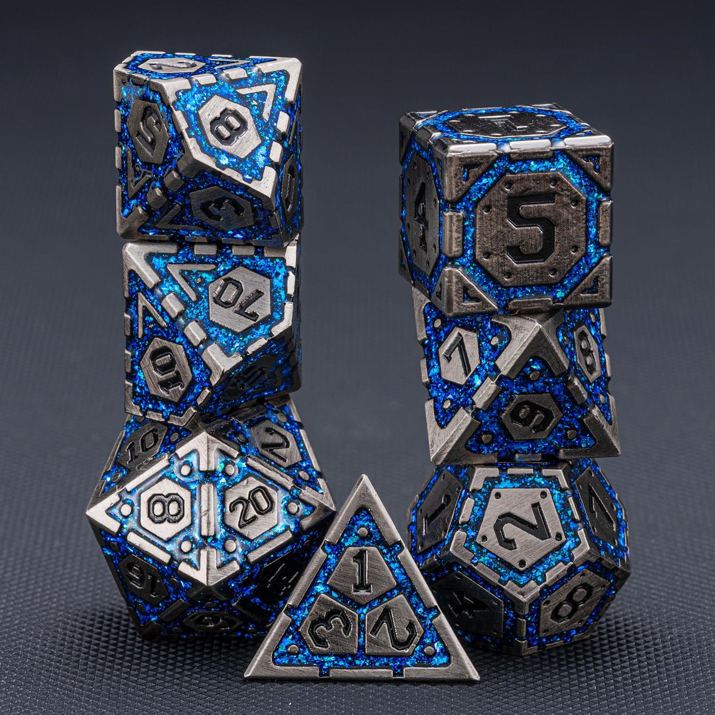 Weyano DND Metal Dice Set – Antique Nickel Blue, 7-Piece Polyhedral Dice with Gift Case