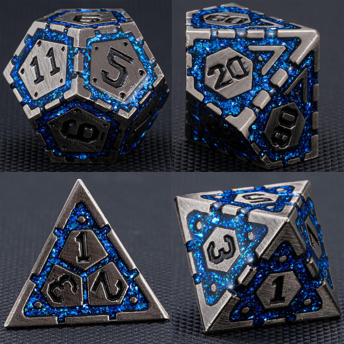 Weyano DND Metal Dice Set – Antique Nickel Blue, 7-Piece Polyhedral Dice with Gift Case