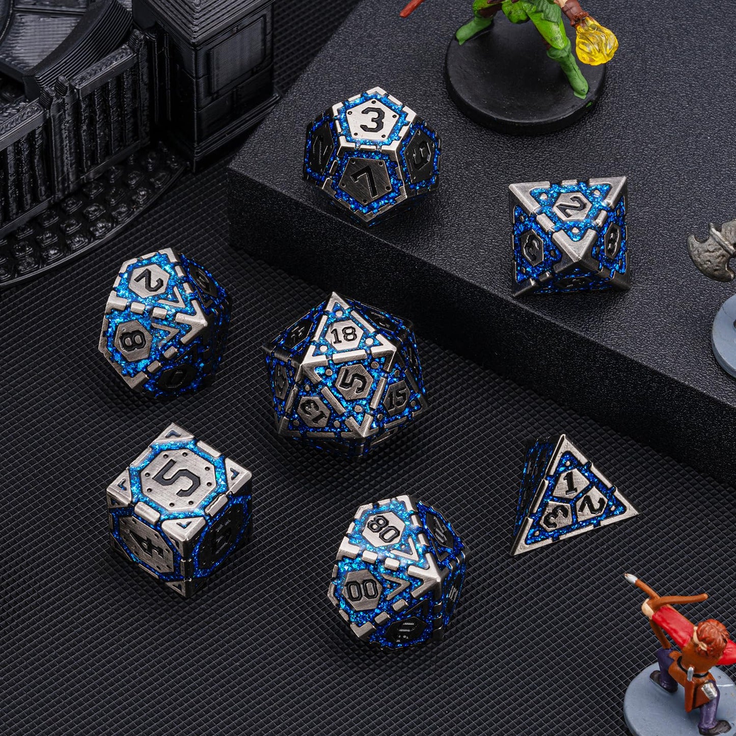 Weyano DND Metal Dice Set – Antique Nickel Blue, 7-Piece Polyhedral Dice with Gift Case