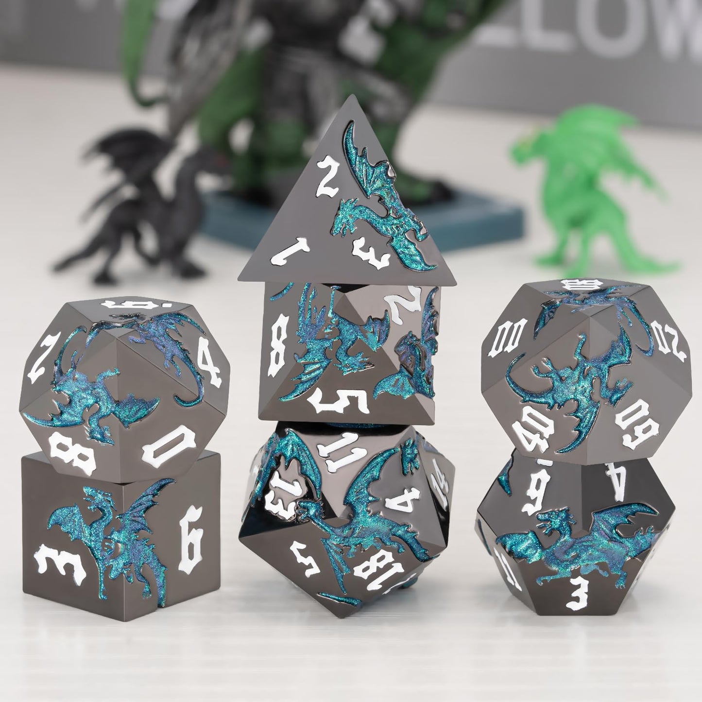 weyano Sharp Edge DND Dragon Dice Set — Metal Polyhedral 7-Die with Gift Case