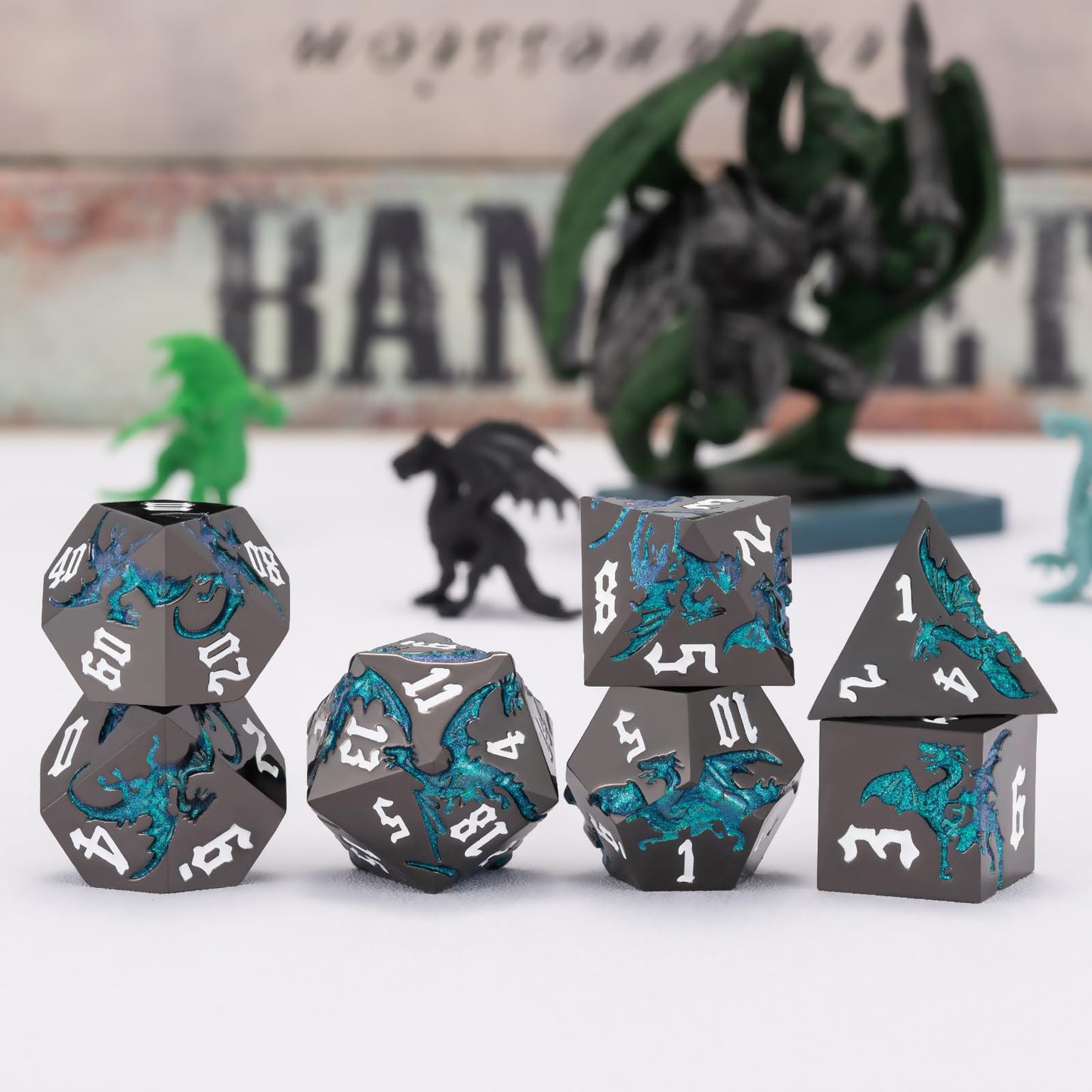 weyano Sharp Edge DND Dragon Dice Set — Metal Polyhedral 7-Die with Gift Case