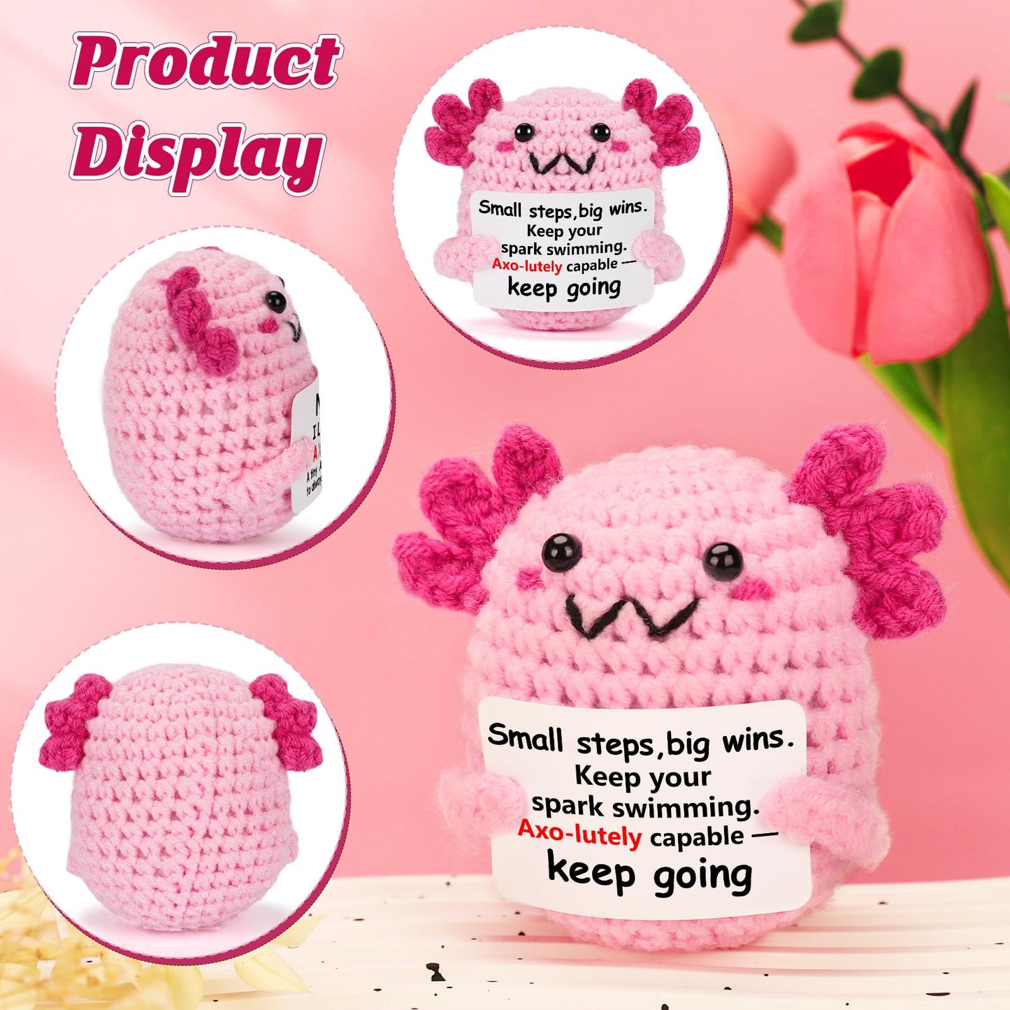 WEYON Positive Encouragement Axolotl Plush – Mini Crochet, Study Focus Gift, Pink