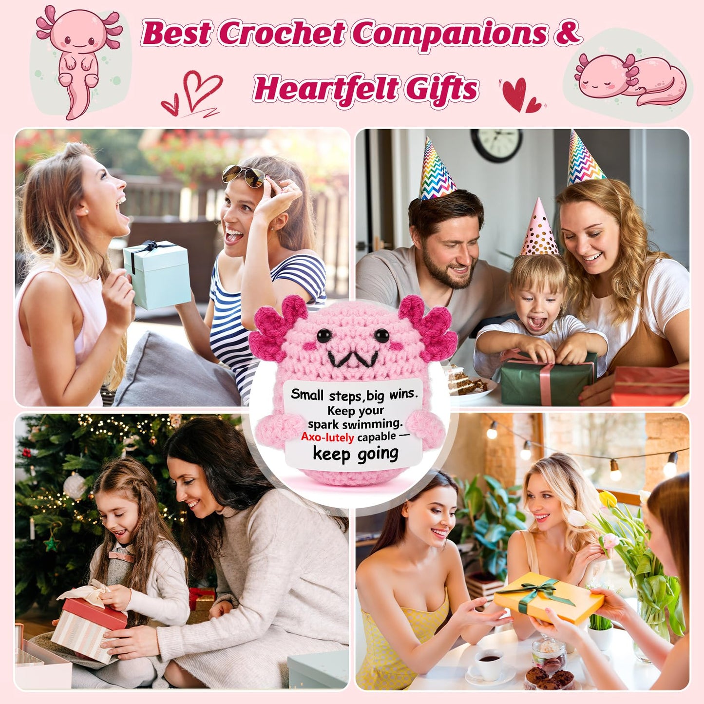 WEYON Positive Encouragement Axolotl Plush – Mini Crochet, Study Focus Gift, Pink