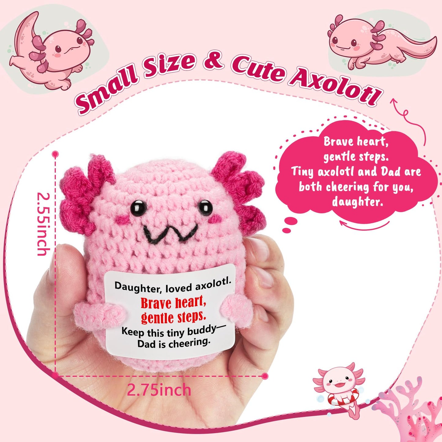 WEYON Daughter Gift Dad – Mini Crochet Axolotl Plush with Message Card | Cozy Desk Decor