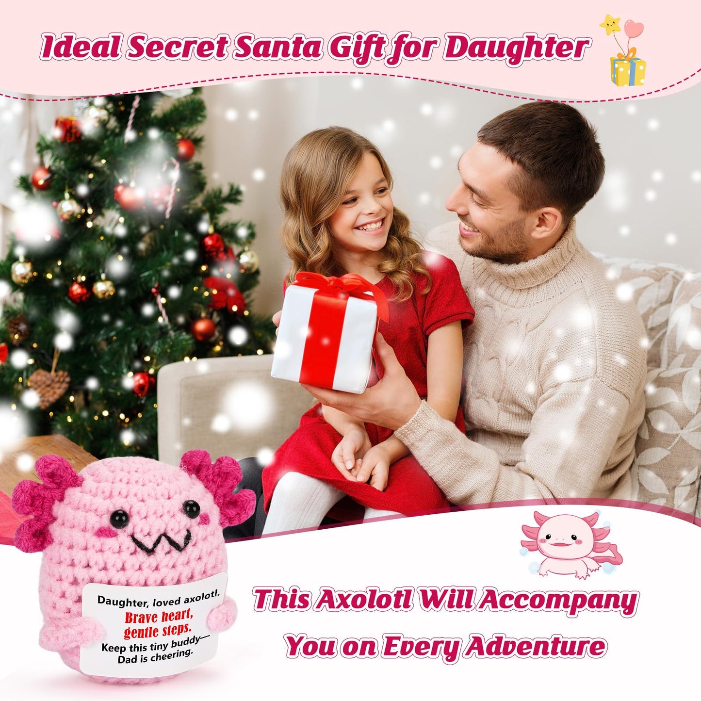 WEYON Daughter Gift Dad – Mini Crochet Axolotl Plush with Message Card | Cozy Desk Decor