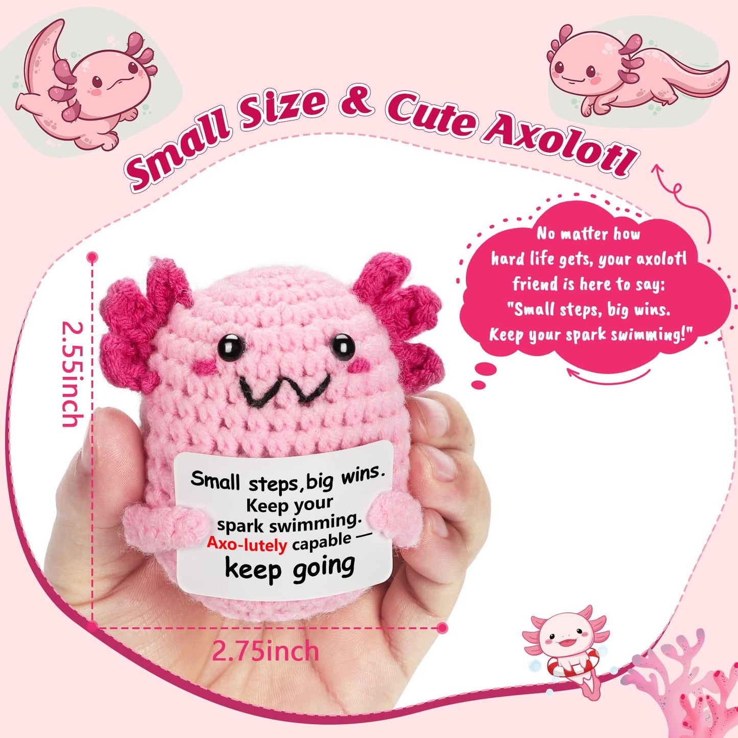 WEYON Positive Encouragement Axolotl Plush – Mini Crochet, Study Focus Gift, Pink