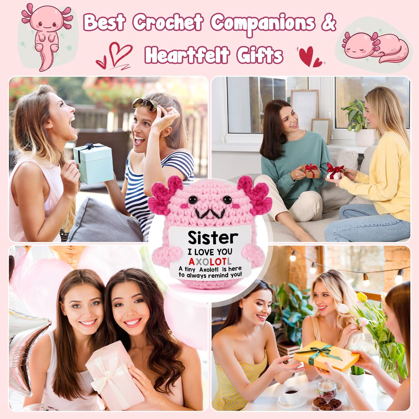WEYON Crochet Axolotl Plush – Sister Gift for Bestie, Little Sister-in-Law, Birthday & Christmas Stocking Stuffers