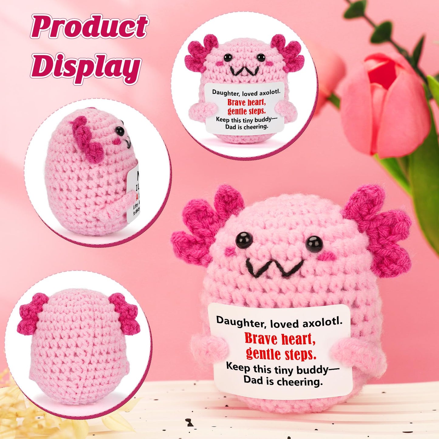 WEYON Daughter Gift Dad – Mini Crochet Axolotl Plush with Message Card | Cozy Desk Decor
