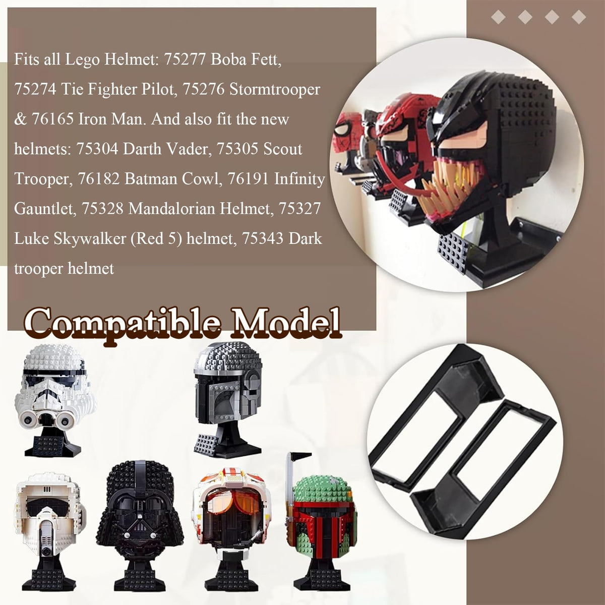 WFCYX 8-Pc Black Lego Helmet Wall Mount Display Stand | Fits Boba Fett, Vader, Luke Skywalker & More