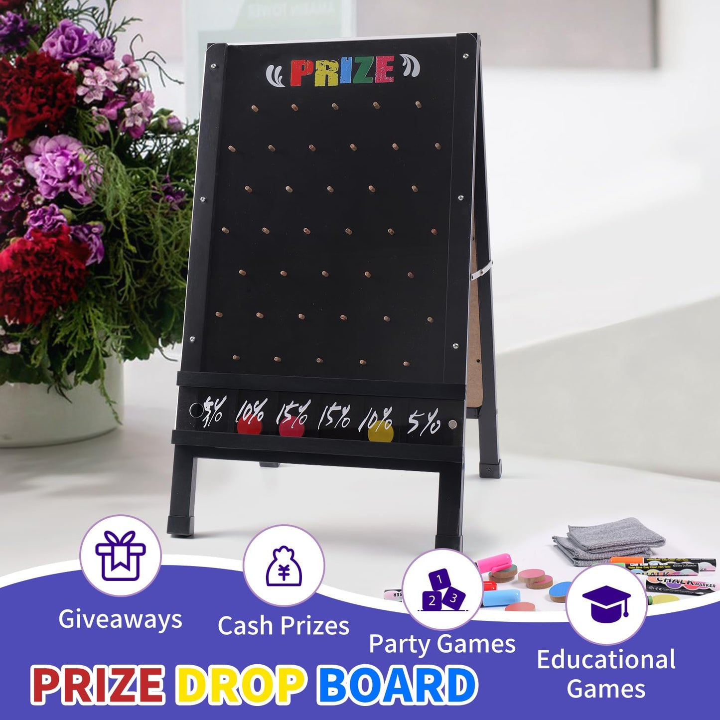 Wfunrite Prize Drop Game Board – Double-Sided 15.7 x 27.5 in A-Frame Sign with 10 Discs & Chalk Set