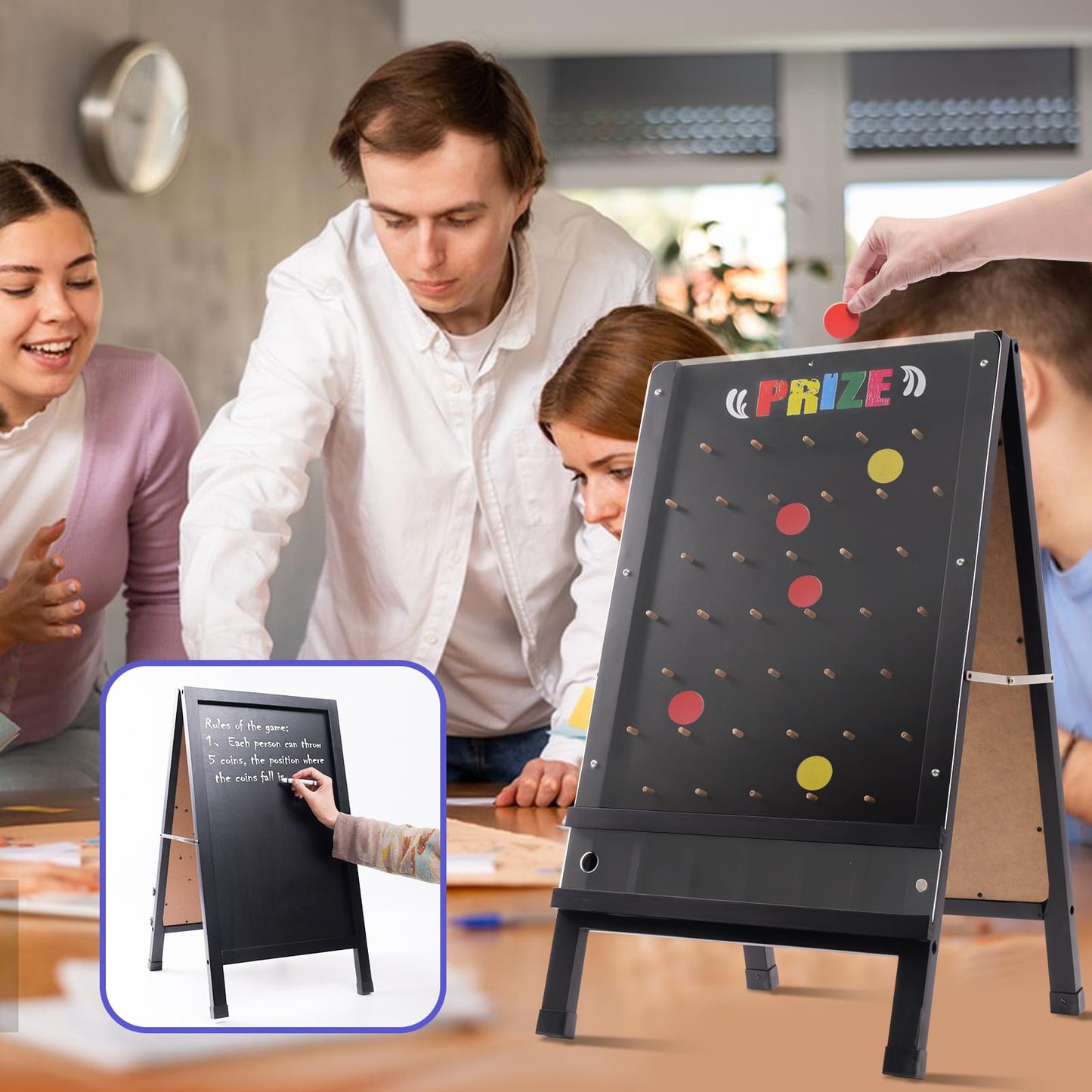 Wfunrite Prize Drop Game Board – Double-Sided 15.7 x 27.5 in A-Frame Sign with 10 Discs & Chalk Set