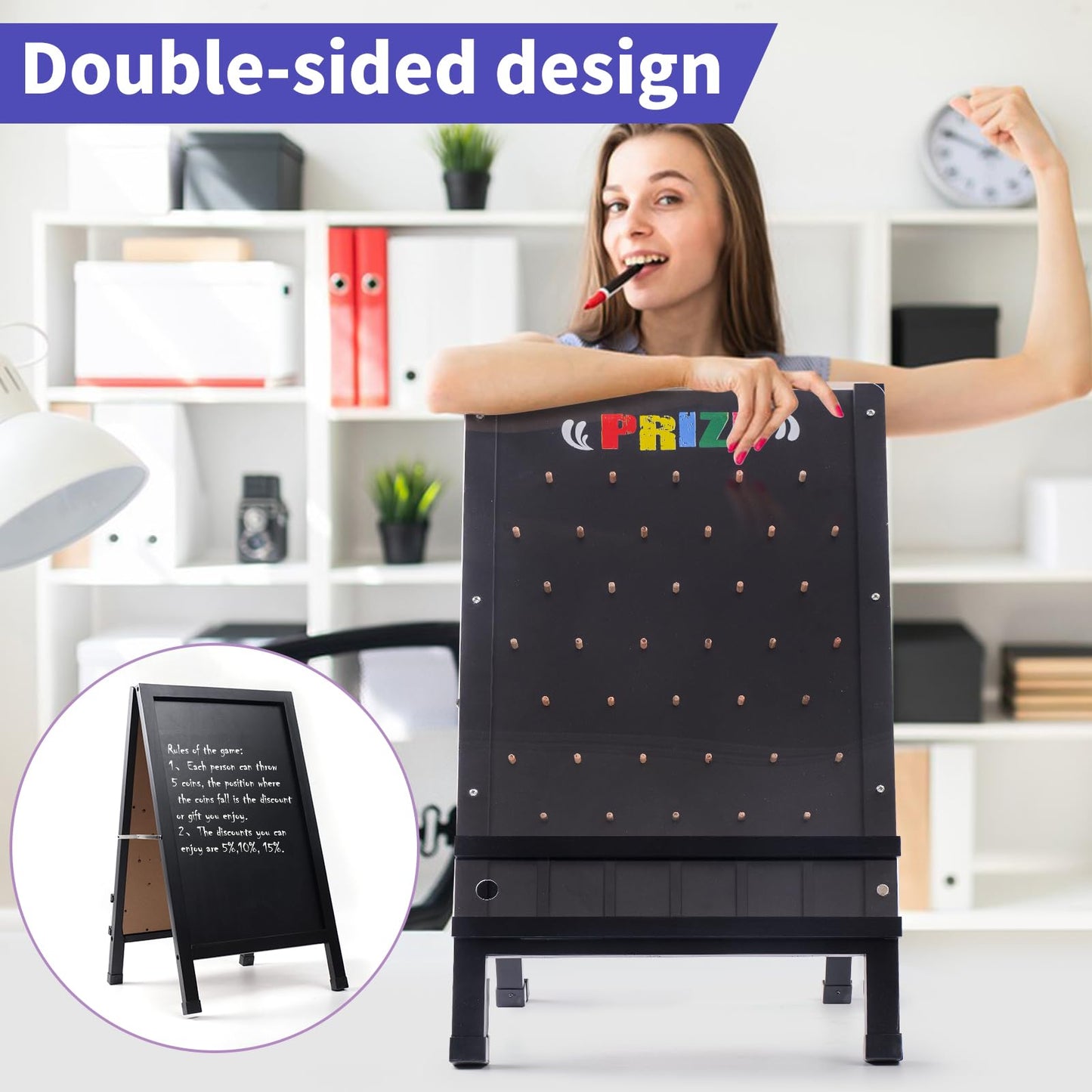 Wfunrite Prize Drop Game Board – Double-Sided 15.7 x 27.5 in A-Frame Sign with 10 Discs & Chalk Set