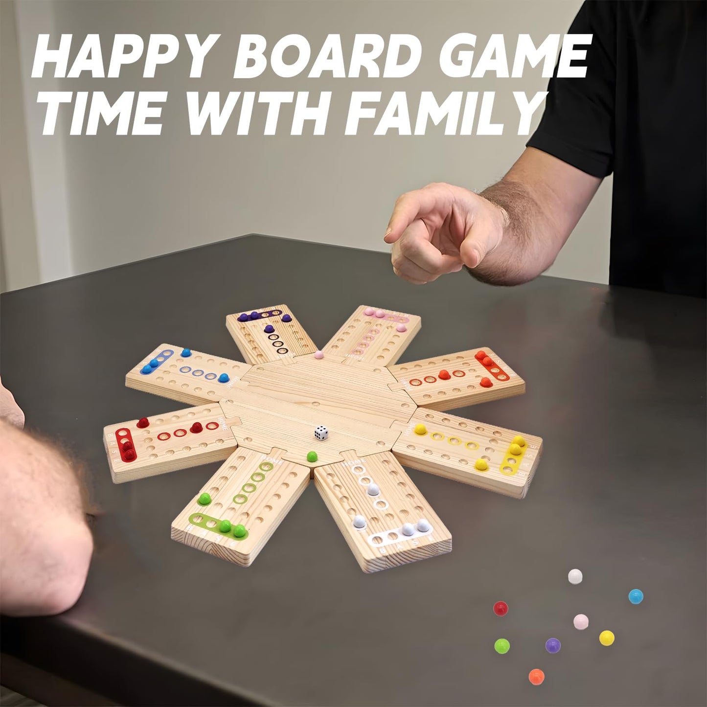 WGYKLRL Wooden Board Game - 2–8 Players, 3 Hubs, 32 Marbles, 16 Dice