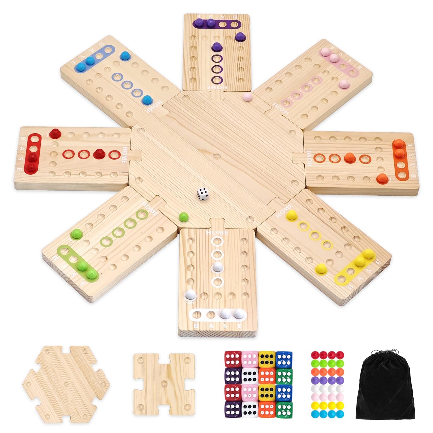 WGYKLRL Wooden Board Game - 2–8 Players, 3 Hubs, 32 Marbles, 16 Dice