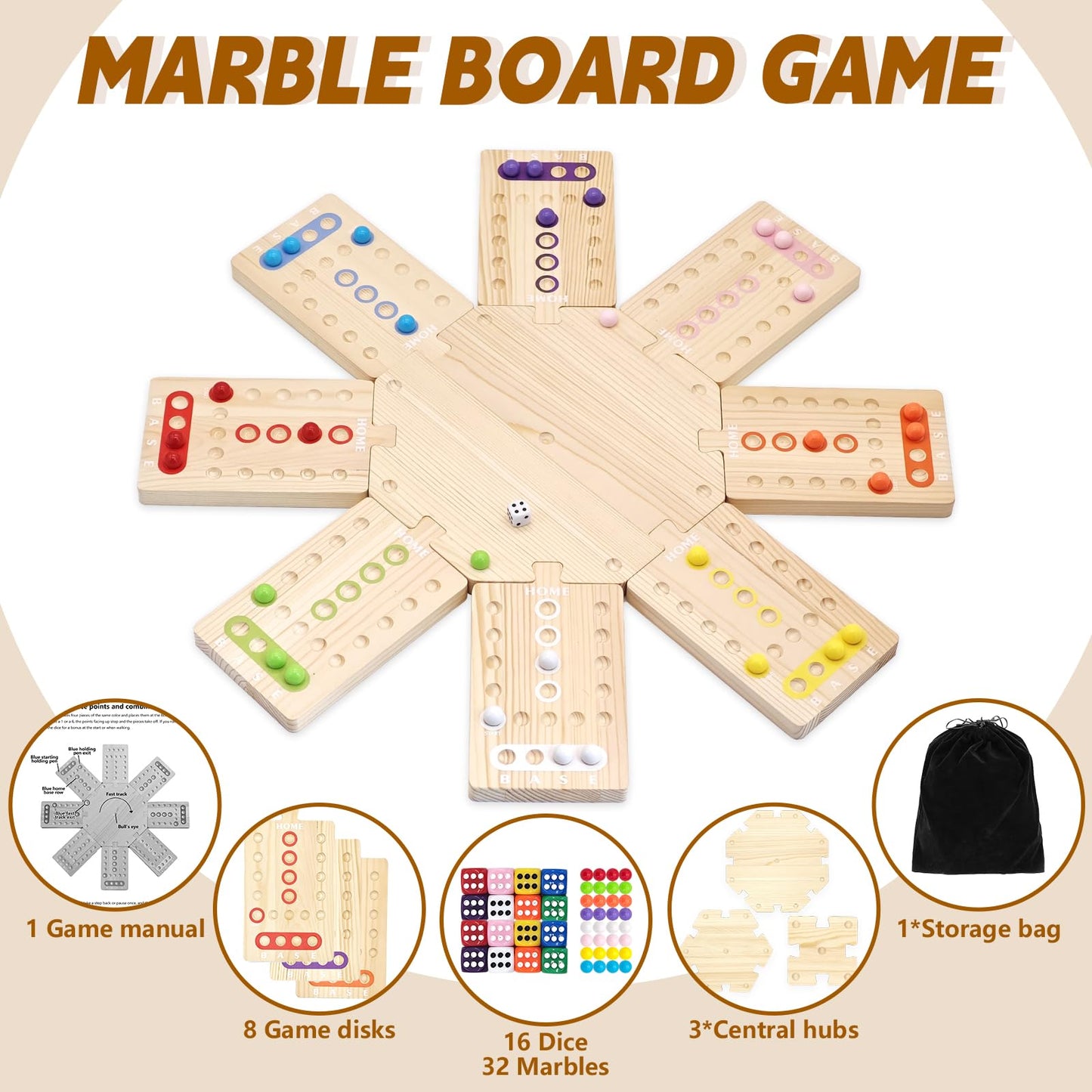 WGYKLRL Wooden Board Game - 2–8 Players, 3 Hubs, 32 Marbles, 16 Dice