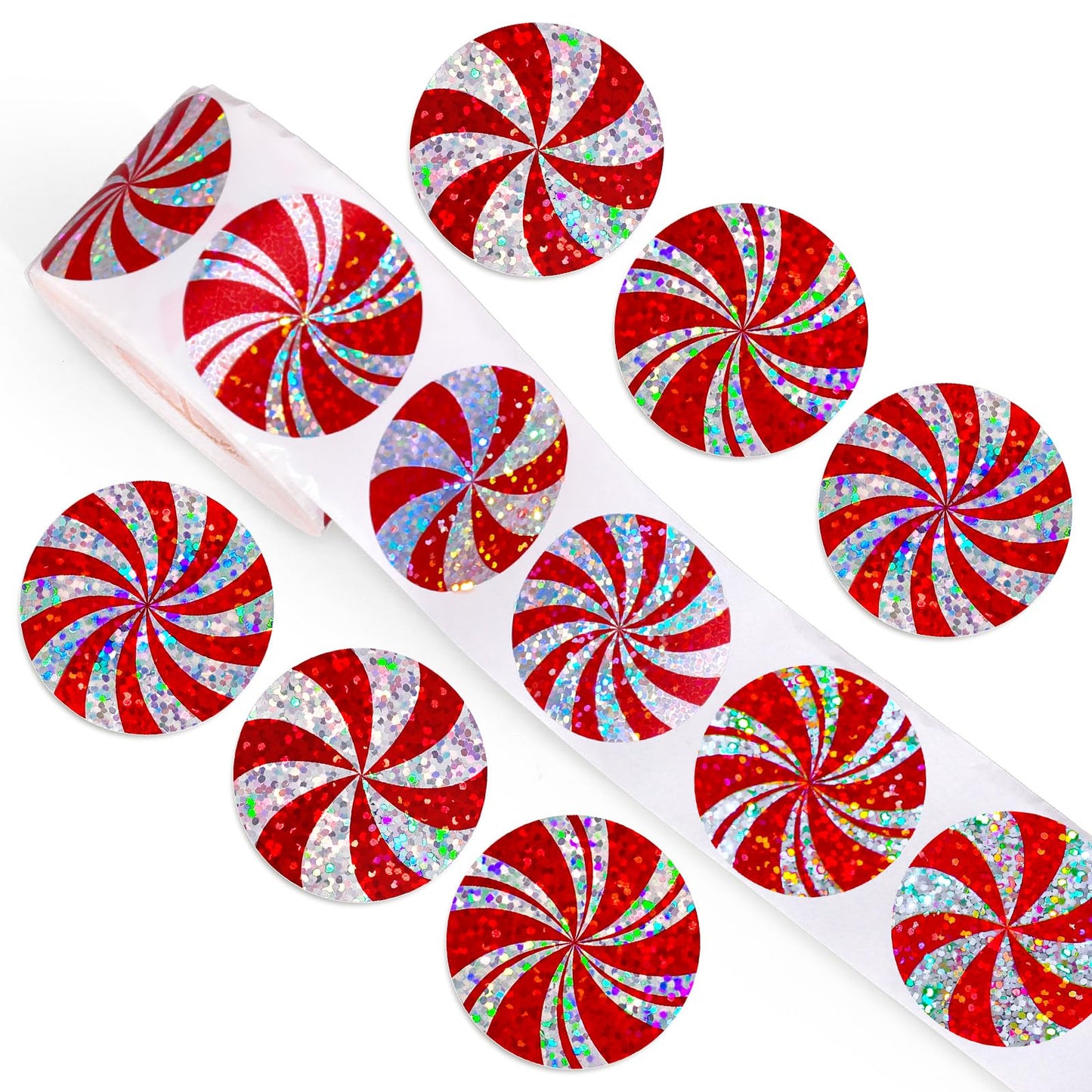 Whaline Christmas Candy Stickers Roll – Holographic Red Peppermint Seals, 500 Pcs