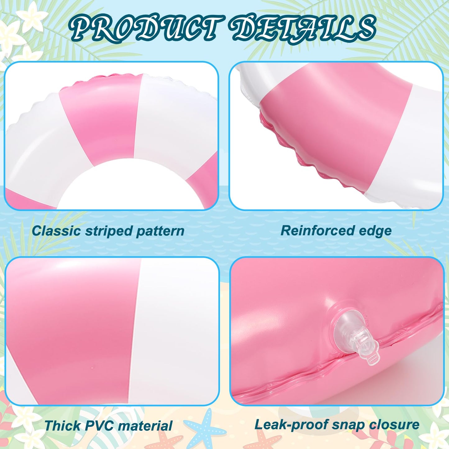 Whaline 4-Pack White Pink Striped Inflatable Swim Floats – 22.8 Inch Pool Loungers