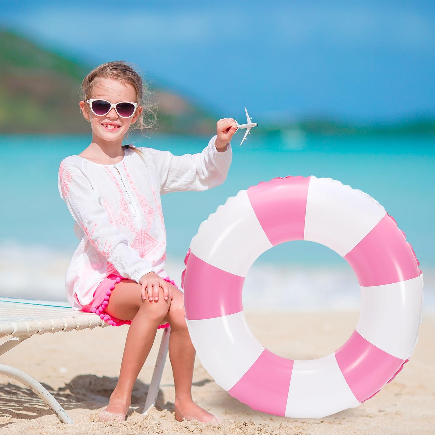 Whaline 4-Pack White Pink Striped Inflatable Swim Floats – 22.8 Inch Pool Loungers