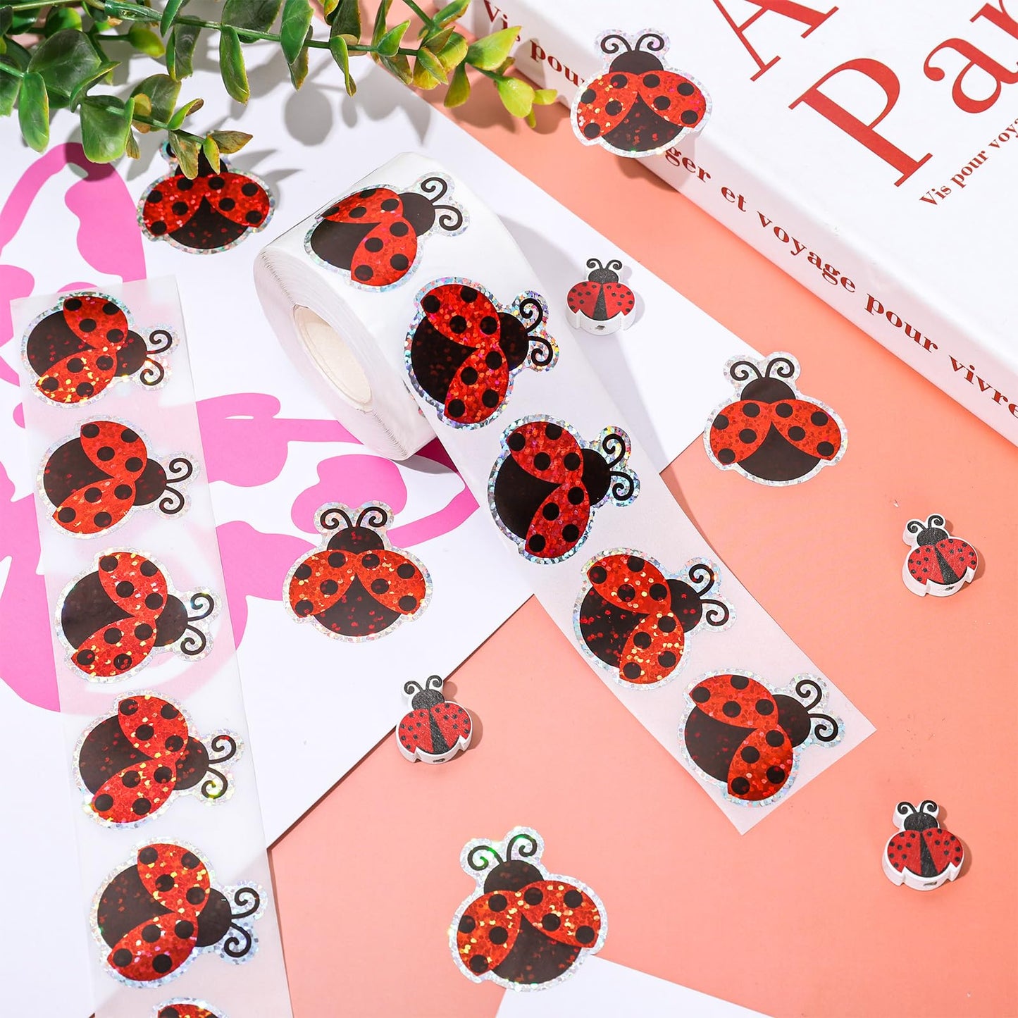Whaline Summer Ladybug Stickers Roll – 500 Pcs, Waterproof & Self-Adhesive